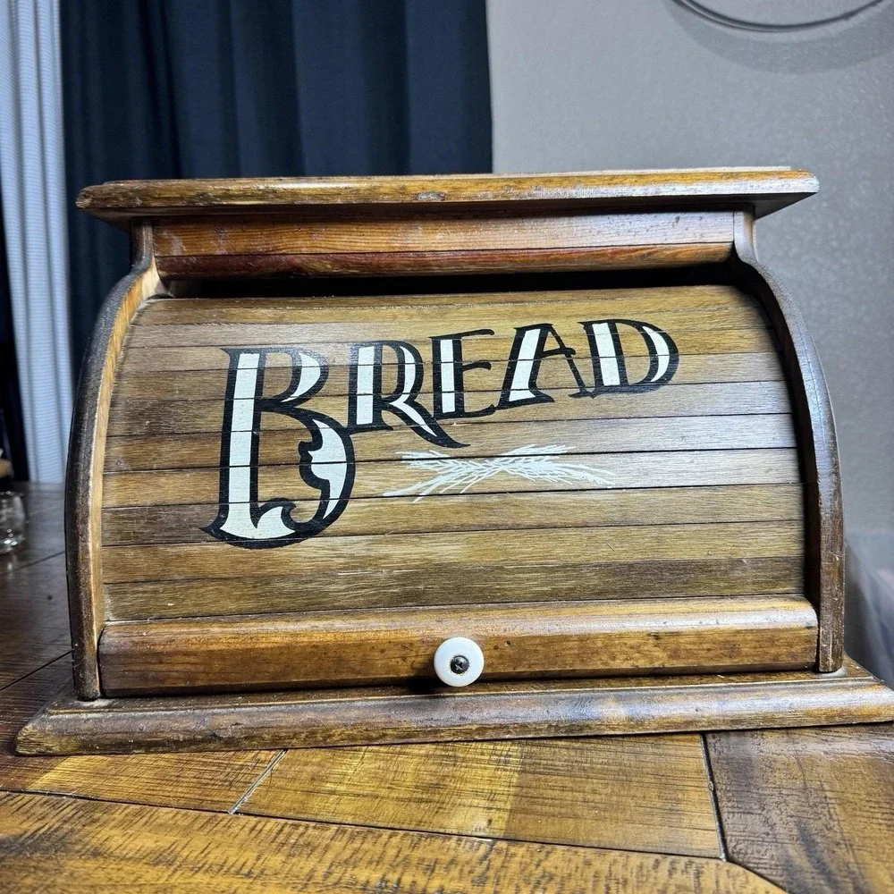 Groovy Vtg Knock On Wood Roll Down Bread Box 70's One Owner
